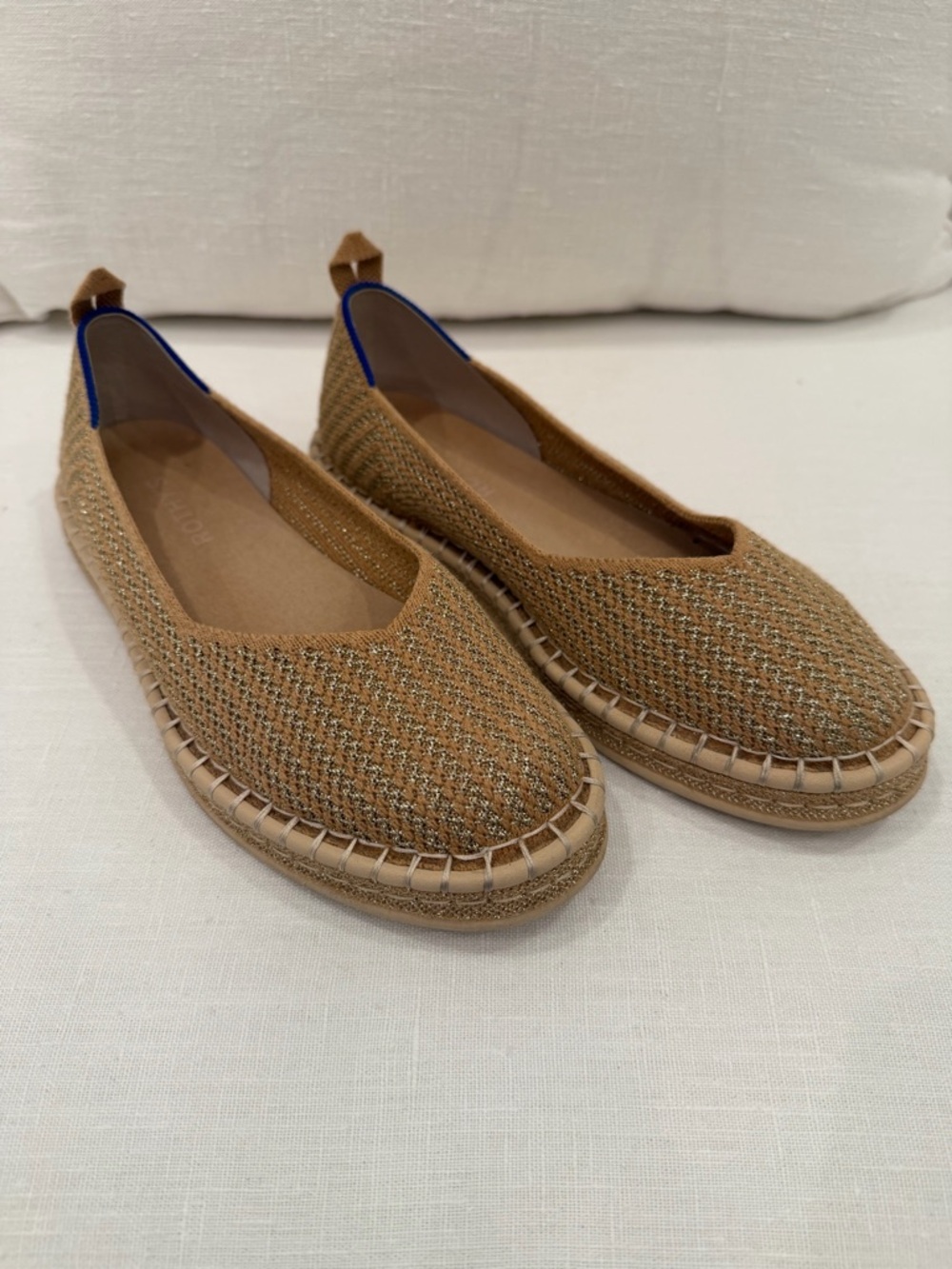 Rothy's Tan Woven Espadrille Flats with Blue Heel Trim